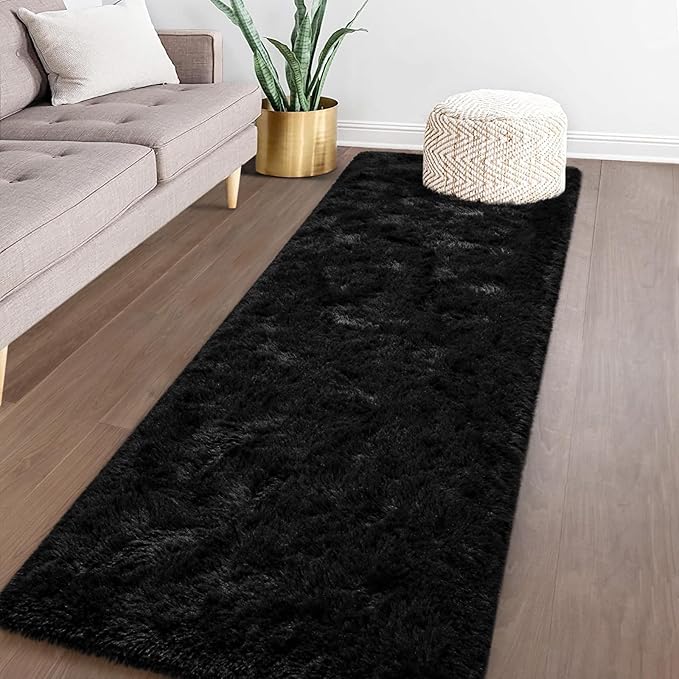 TWINNIS Super Soft Shaggy Runner Rugs Fluffy Carpets, 2x6 Feet, Indoor Modern Plush Area Rugs for Hallway Living Room Bedroom Kitchen Entryway, Upgrade Anti-Skid Rectangular Fuzzy Rug, Black