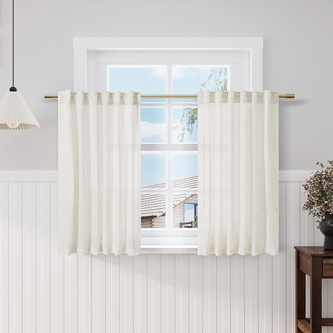 Nanspring Cream Linen Curtains 45 Inch Length Kitchen Bathroom Back Tab Pocke Semi Sheer Curtain 2 Panel Set for Office Basement Small Windows Cottage Farmhouse Decor 42x45