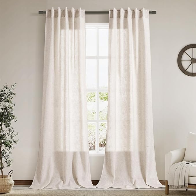 Beige Flax Linen Curtains 90 Inches Long for Bedroom 2 Panels Back Tab Loop Pocket Privacy Neutral Semi Sheer Curtains Country Rustic Farmhouse Light Filtering Drapes for Living Dining Room 40x90