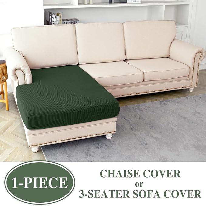 Couch Cushion Cover Chaise Lounge Cover Washable Separate Seat Chaise Couch Cover Stretch Sectional Sofa Slipcover(1 Piece for Chaise or Sofa 3-Seater, Green)