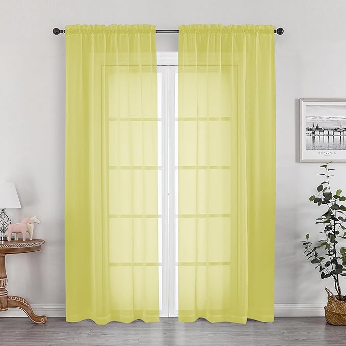 OWENIE Lemon Sheer Curtains for Bedroom Living Room 72 Inches Long 2 Panels Set, Modern Light Filtering Sheer Curtain Rod Pocket Clear Drapes for Window Sliding Door, Lemon, Each 42 x 72 Inch