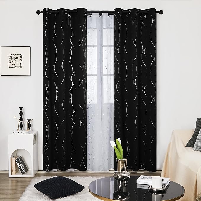 Deconovo Blackout Curtains, Black Curtain, Thermal Insulated Noise‑Reducing Drapes, Wave Line Dot Foil Print, 38 x 84 Inch Long, 2 Panels, Machine‑Washable Window Curtains for Bedroom Living Room