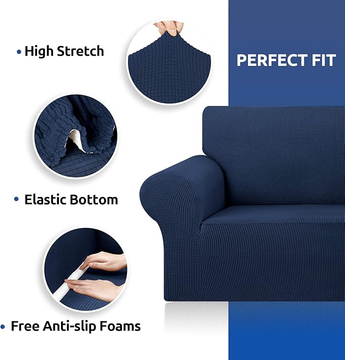 KEKUOU Stretch Oversized Sofa Slipcover 1 Piece Couch Sofa Cover (94"-110") Furniture Protector 4 Seater Sofa with Elastic Bottom for Kids,Pet.Jacquard Checked Pattern Fabric(X Large,Navy Blue)