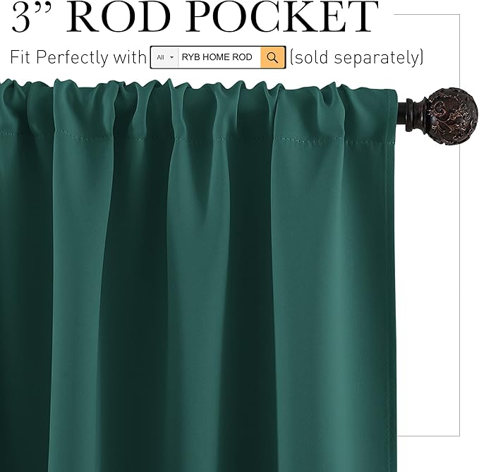 RYB HOME Short Hunter Green Blackout Curtains for Small Bedroom Window, Insulating UV Blocking Drapes for Kitchen Cafe Basement, Privacy Tiers for Bathroom Window, Width 42 by Length 36, Set of 2