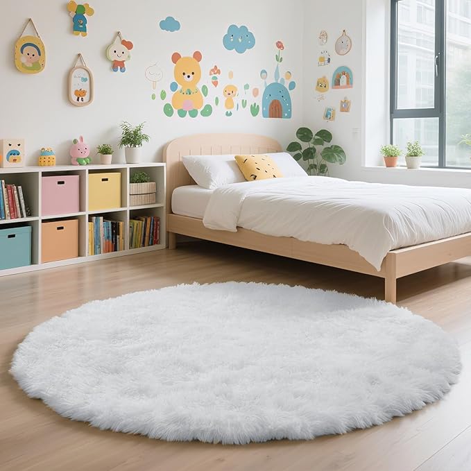 yulidayang White Fluffy Round Area Rugs for Bedroom,5'X5'Shag Circle Area Rugs for Girls Room,Non Slip Fuzzy Plush Rug for Kids Room Living Room and Dorm Home Decor Rug