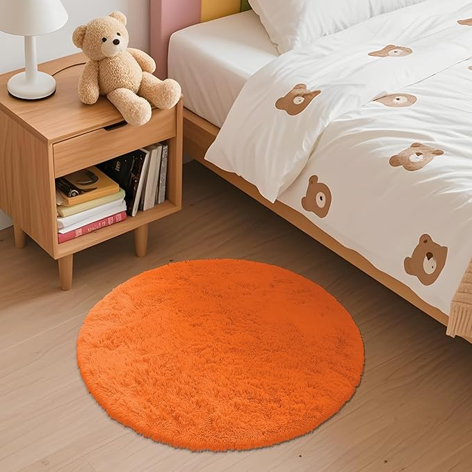 OLANLY Orange Round Rugs for Bedroom - Machine Washable, 2 ft Circle Area Rugs for Living Room, Soft and Fluffy Shaggy Carpet for Teen Girl and Boys, Nursery Rooms, Dorms, Home Decor Aesthetic