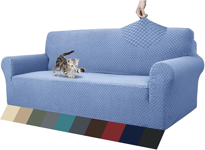 ZNSAYOTX 1 Piece Jacquard Couch Covers for 3 Cushion Couch Living Room High Stretch Sofa Cover Pets Dogs Friendly Anti Slip Thickened Slipcovers Furniture Protector (Large, Light Blue)