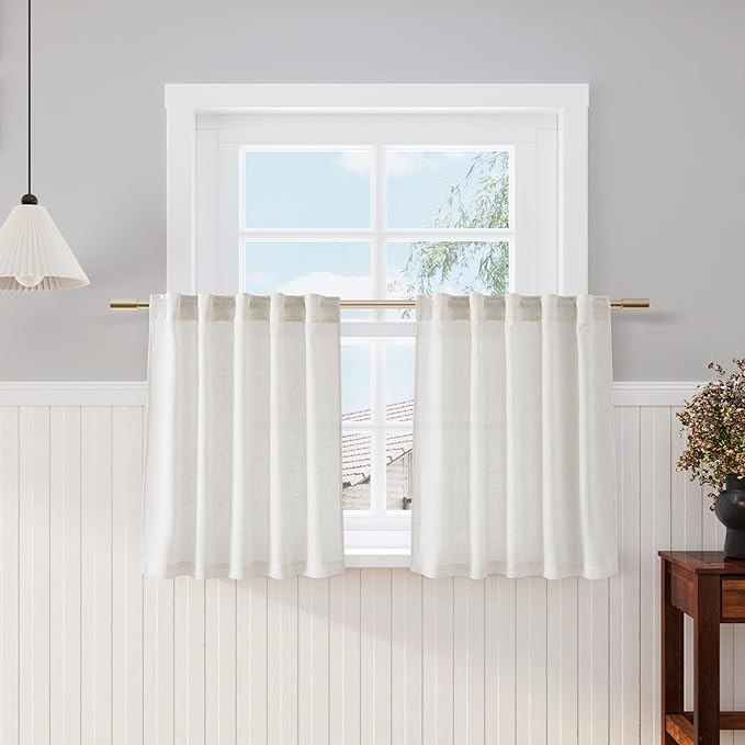Cream Linen Kitchen Curtains 30 Inches Long 2 Panels Back Tab Rod Pocket Farmhouse Light Filtering Semi Sheer Short Curtains Solid Privacy Cafe Tier Curtain for Bathroom Basement Camper 30x30