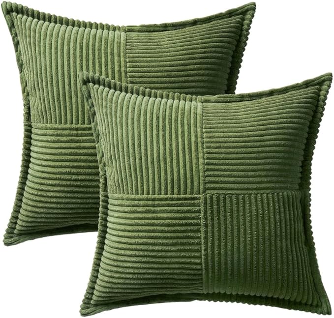 MIULEE Spring Decorative Throw Pillow Covers for Couch Bed Livingroom 16x16 Inch Set of 2 Moss Green Boho Accent Throw Pllows Broadside Striped Patchwork Soft Corduroy Summer Pillowcases