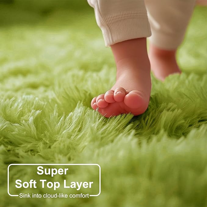 Amdrebio Grass Green Round Area Rug 7Ft for Living Room Bedroom Decor Aesthetic, Large Fluffy Shaggy Fuzzy Circle Rugs for Baby Nursery Kids Playroom, Big Soft Shag Floor Circular Modern Cool Carpet