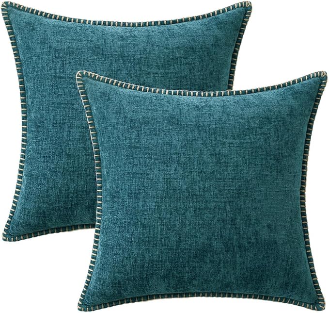 MIULEE Pack of 2 Couch Throw Pillow Covers 18x18 Inch Dark Teal Farmhouse Decorative Pillow Covers with Stitched Edge Soft Chenille Solid Dyed Spring Pillow Covers for Sofa Bed Living Room
