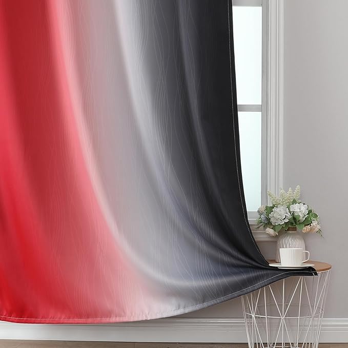 Black and Red 100% Blackout Curtains 84 Inches Long, Ombre Blackout Drapes for Bedroom, Full Light Blocking Thermal Insulated Gradient Grommet Curtain Drapes for Living Room, 52x84 Inch, 2 Panels