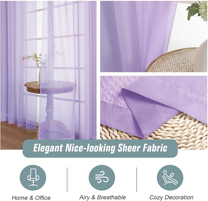 Lavender Sheer Curtains 84 Inches Long 2 Panels, Elegant Airy Transparent Light Filtering Window Curtains, Window Drapes for Living Room Bedroom, Top Dual Rod Pocket Design, 2x42Wx84L Inches
