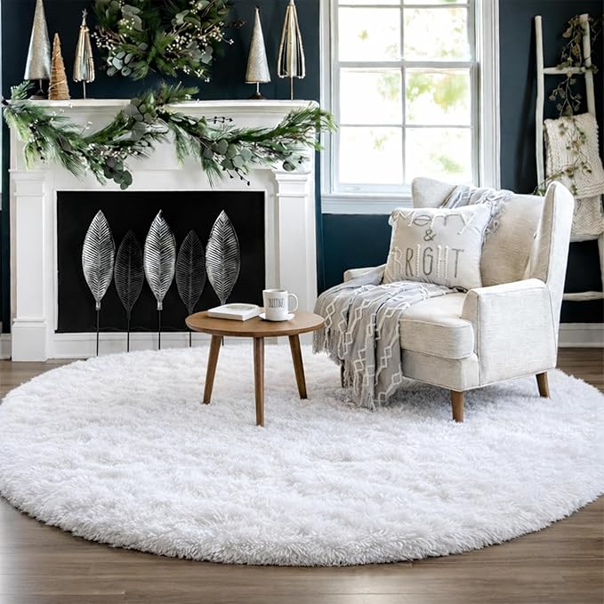 Round Rugs 5Ft White Circle Area Rug, Fluffy Fuzzy Bedroom Carpets for Kids Playroom Home Decor Aesthetic, Plush Soft Shaggy Living Room Rugs for Nursery Dorm Classroom, Modern Cute Shag Furry Carpet