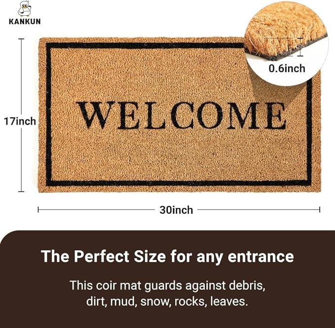 KANKUN Coco Coir Door Mat with Heavy Duty Backing, Welcome Doormat (17" x 30"), Doormat Entrance (Welcome2-1Pack)