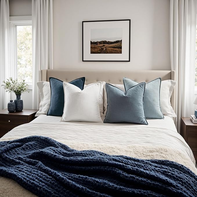 MIULEE Blue Pillow Covers Pack of 4 Decorative Natural Solid Throw Pillow Covers Soft Accent Boho Farmhouse Couch Pillowcases Modern Spring Home Decors for Living Room Bed Sofa 18x18 Inch