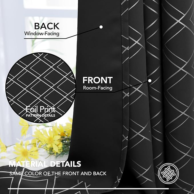 Deconovo Black Out Curtains for Bedroom Livint Room Nursery (42x72 Inch, Black/Silver, 2 Panels) Geometry Silver Patterned Room Darkening Curtains, Thermal Insulated Soundproof Drapes