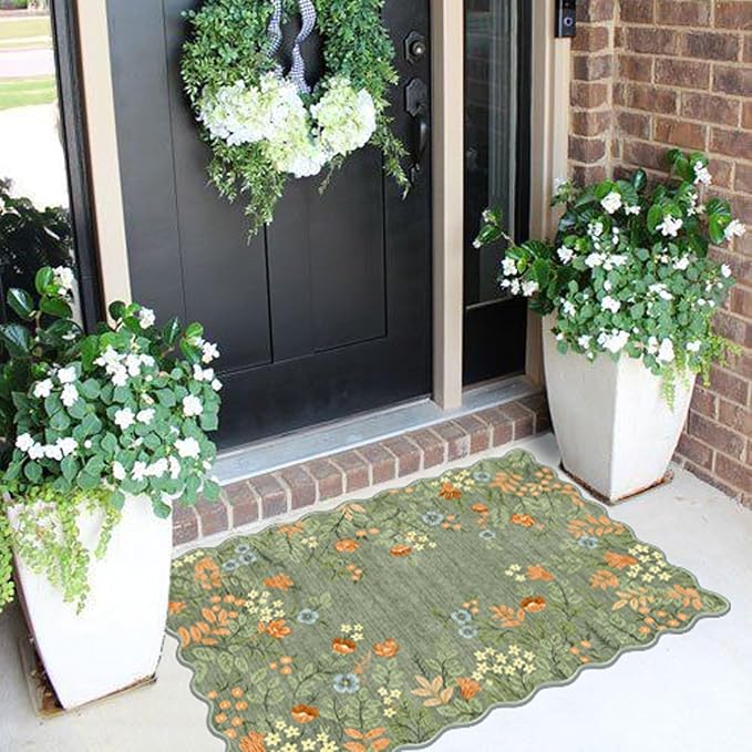 Front Door Mat Outside Entrance - 2x3 Spring Green Sage Floral Non-Slip Washable Doormat Indoor Outdoor Mat Boho Vintage Entry Rug Small Throw Rugs for Entryway Kitchen Front Porch Decor
