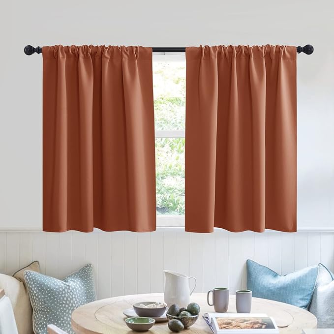 RYB HOME Blackout Bathroom Window Curtains, Short Thermal Insulated Heat Blocking Rod Pocket Half Window Curtain Tiers for Nursery Bedroom, Width 42 by Length 30, Burnt Orange, 2 Panels