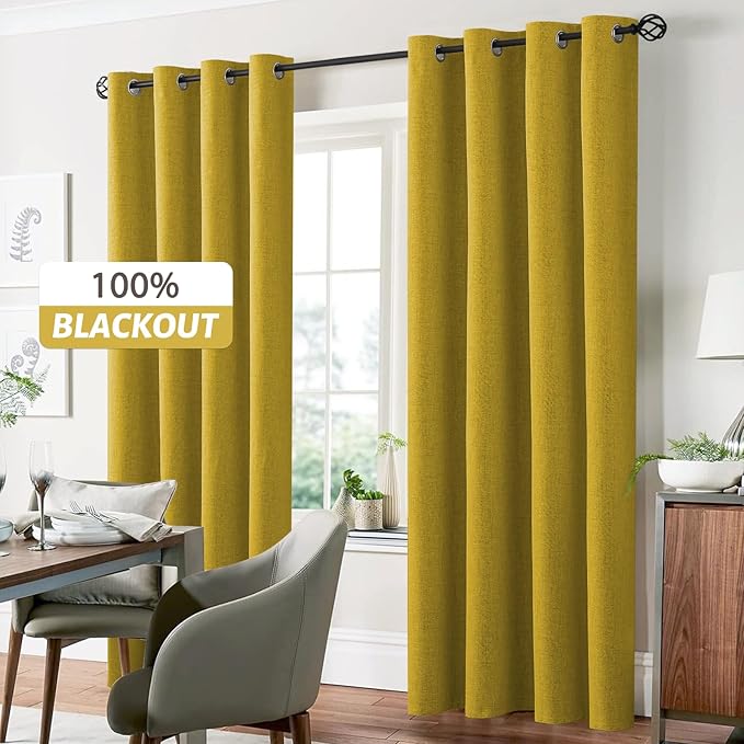 Yakamok Mustard Yellow Linen Curtains 100% Blackout 84 Inches Long,Room Darkening Textured Curtains for Living Room Thermal Grommet Bedroom Curtain 2 Panels with White Liner