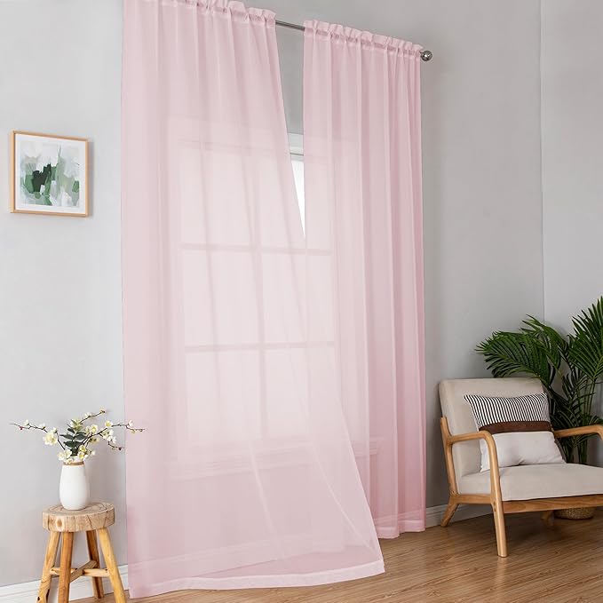 OWENIE Extra Long Sheer Curtains 96 Inches Long, Rod Pocket Airy Solid Blush Sheer Panels, Elegant Voile Sheer Curtains & Drapes for Living Room Bedroom 2 Panels Set, Each 42Wx96L inch