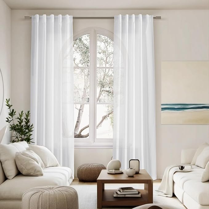 Linen White Curtains 108 Inches Long 2 Panels Set Back Tab Rod Pocket Semi Sheer Cotton Textured Light Filtering Extra Long Curtain Farmhouse High Ceiling Curtains for Living Room 9Ft 40x108