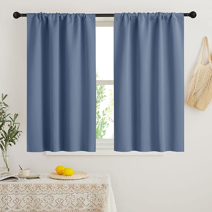 RYB HOME Short Blackout Curtains for Bedroom, Room Darkening Insulated Summer Heat Light UV Blocking Energy Saving Drapes for Nursery, Width 34 by Length 48, Stone Blue, Set of 2