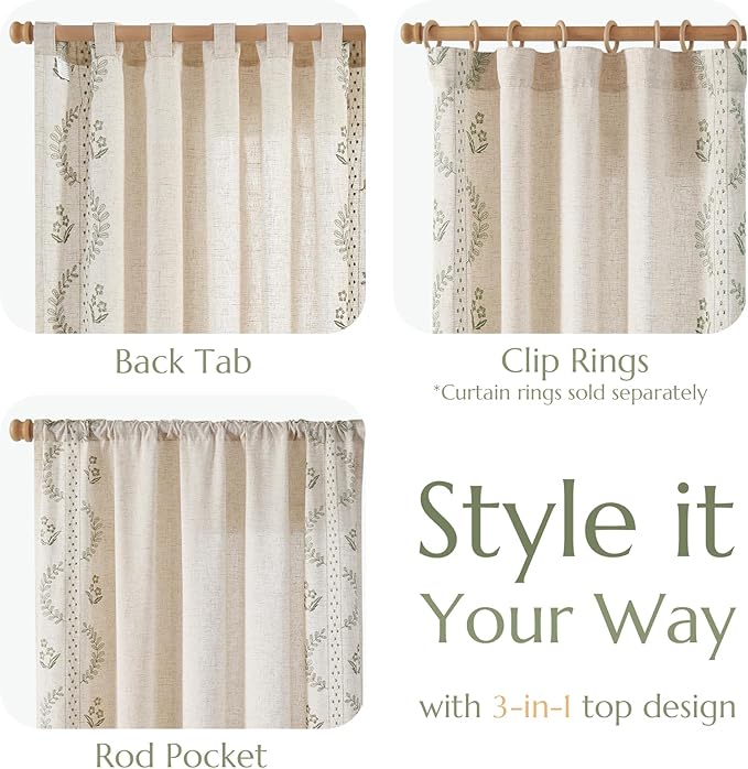 jinchan Belrose Linen Curtains for Bedroom Floral Curtains 84 Inch Length Linen Blend Sage Green Embroidered Drapes Farmhouse Flower Patterned Drapes for Living Room Window Treatments Set 2 Panels