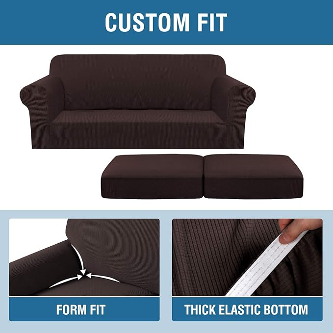 H.VERSAILTEX 3 Piece Stretch Sofa Covers for 2 Cushion Sofa Couch Covers for Living Room Sofa Slipcovers (Base Cover Plus 2 Seat Cushion Covers) Thicker Jacquard Fabric(Large Sofa, Chocolate)