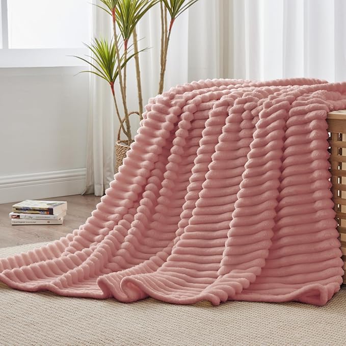 BEDELITE Twin Blanket for Couch & Bed, 300GSM Soft & Warm Fleece Blanket, Decorative and Giftable Striped Dusty Pink Blankets for Women, Men, 60"x80"