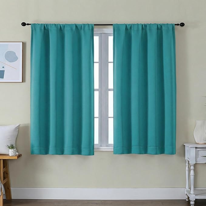 Simplebrand Ava Teal Short Blackout Curtains for Bedroom 45 Inches Long 2 Panels Set, Solid Thermal Insulated, Energy Saving Window Treatment Curtains Blackout Drapes, W40 x L45 Inch