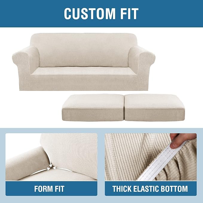 H.VERSAILTEX 3 Piece Stretch Sofa Covers for 2 Cushion Sofa Couch Covers for Living Room Sofa Slipcovers (Base Cover Plus 2 Seat Cushion Covers) Thicker Jacquard Fabric(Large Sofa, Island Fossi)