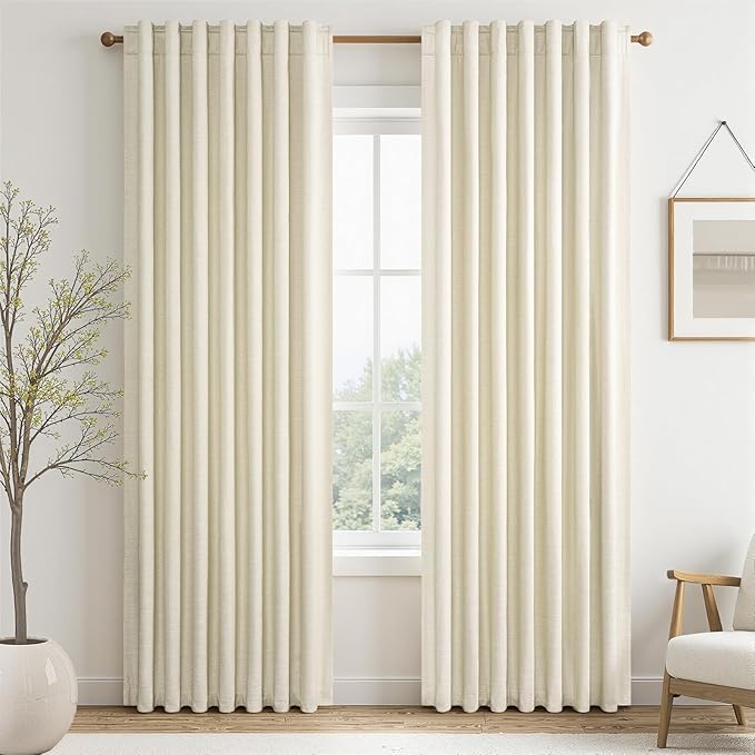 86 Inches Long Cream Colored Custom Blackout Linen Curtains Ivory Cream Pinch Pleated Noise Cancelling Curtains with Pin Hooks for Traverse Burlap Viral Drapes 2 Panels for Living Room Bedroom