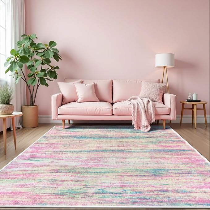 KOZYFLY Pink Nursery Rug for Baby Girl, Washable Thin Area Rugs 5x7 for Kids Bedroom Dorm Playroom, Non-Slip Faux Wool Soft Low Pile Living Room Rug for Dining Room, Kitchen Bathroom