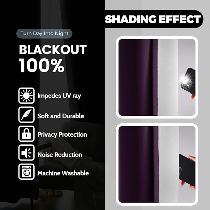 Yakamok 100% Blackout Curtains 84 Inch Length 2 Layers,Purple Curtains for Bedroom Ombre Room Darkening Grommet Gradient Drapes, Light Blocking Thermal Insulated Window Curtains for Living Room