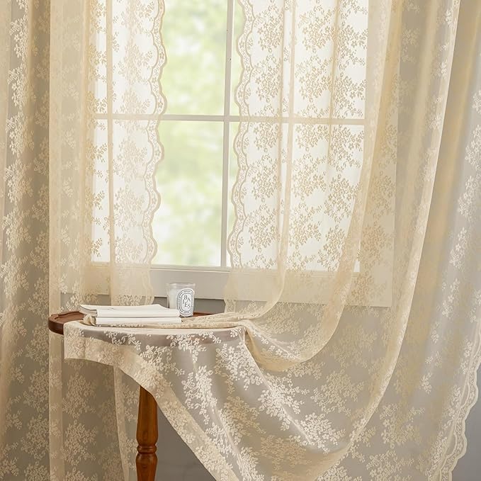 YJ YANJUN Vintage Lace Curtains 108 Inches Long-Victorian Floral Beige Sheer Curtains for Living Room Bedroom Light Filtering Drapes Antique Shabby Chic Cottage Core Decor 9ft W52 X L108 Light Brown