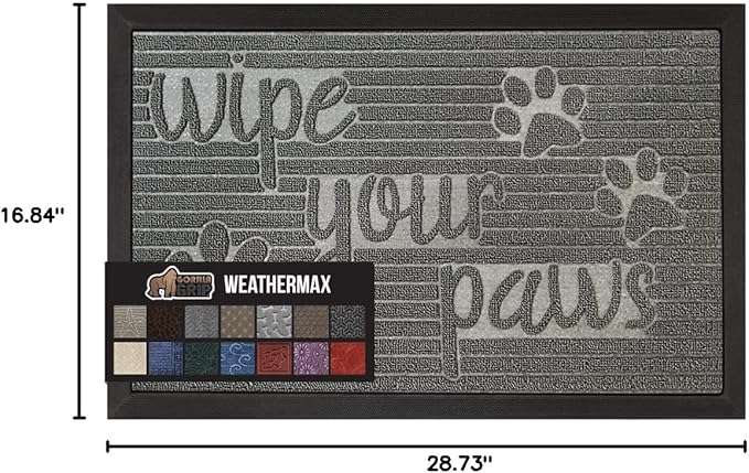 GORILLA GRIP 100% Waterproof All-Season WeatherMAX Doormat US Designed Natural Rubber, Stain and Fade Resistant, Low Profile Indoor Outdoor Door Mats, Easy Clean Patio Mat, 29x17, Stone Paws