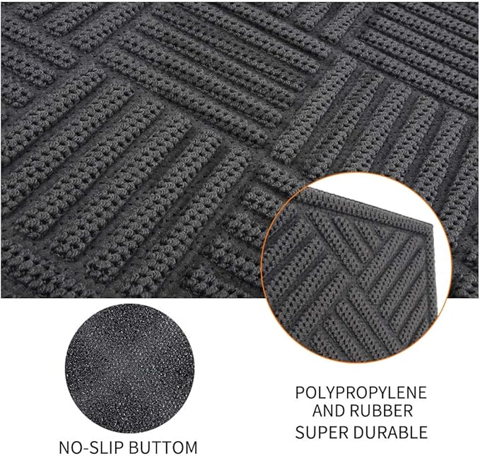 Mibao Front Door Mat, Dirt Trapper Welcome Mat for Outdoor Indoor, Non-Slip Waterproof Doormat, Durable Machine Washable Low Profile Entry Rug for Back Door Outside Patio, 61.5" x 36", Gray Grid