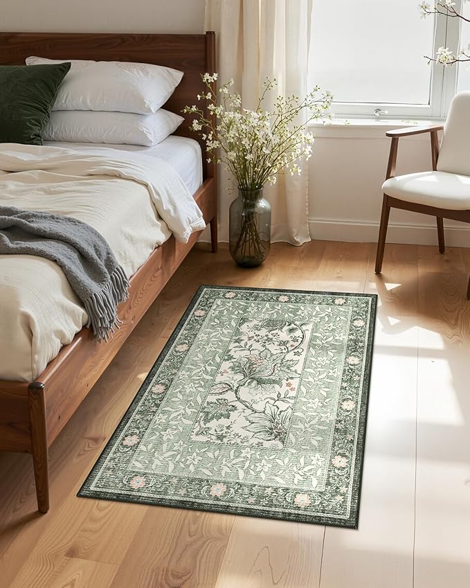 GarveeHome Sage Green 2x3 Door Mat Indoor Rugs for Entryway Provence Small Botanical Grove Cottagecore Washable Non-Slip Low-Pile Rug for Bedroom Kitchen Bathroom Entrance