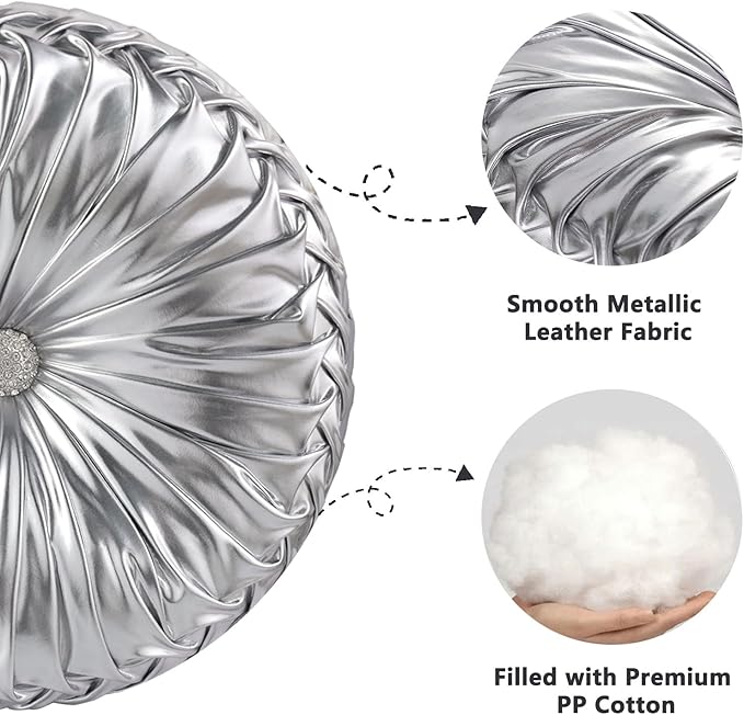 HIG Set of 2 Handcrafted Silver Ruched Round Throw Pillows – 14.5’’ Metallic Leather Decorative Pillows with Soft Polyester Filling for Couch, Bed, Living Room, Bedroom, or Dorm