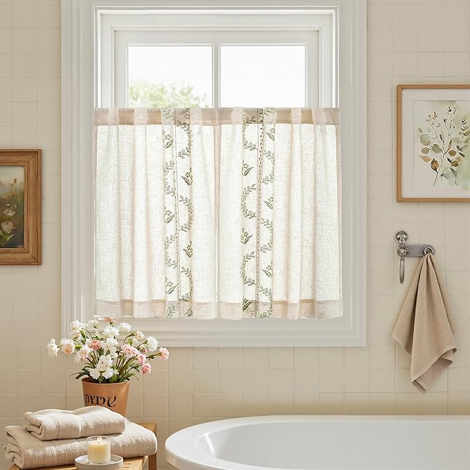 jinchan Belrose Linen Floral Kitchen Curtains 36 inch Length Embroidered Farmhouse Cafe Curtains for Living Room Bathroom Small Windows Curtain Set Sheer Light Filtering 2 Panels Sage Green