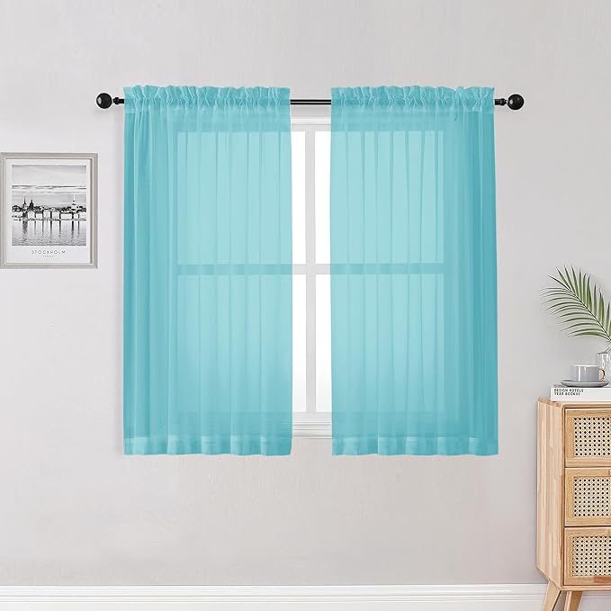 OWENIE Aqua Kitchen Sheer Curtains for Bedroom Living Room 45 Inch Length, Bedroom, Soft Solid Light Filtering Voile Short Sheer Curtain for Small Window, 42" W x 45" L, Aqua