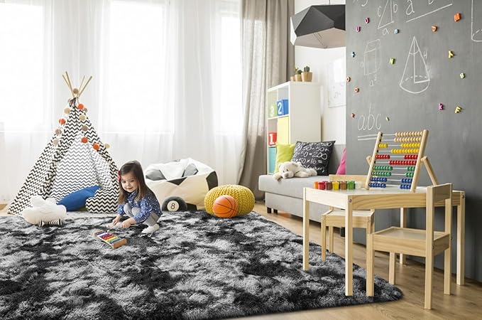 TWINNIS Super Soft Shaggy Rugs Fluffy Carpets 8x10 Feet, Indoor Modern Plush Area Rugs for Living Room Bedroom Kids Room Nursery Home Decor, Upgrade Anti-Skid Fuzzy Rug, Black and Grey