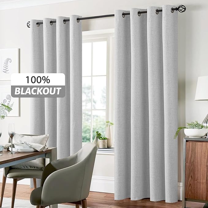 Yakamok White Linen Curtains 100% Blackout 90 Inches Long,Room Darkening Textured Curtains for Living Room Thermal Grommet Bedroom Curtain 2 Panels with Greyish White Liner