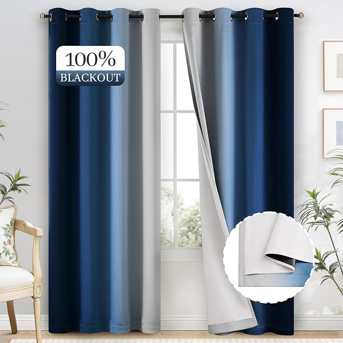 Yakamok 100% Blackout Curtains 84 Inch Length 2 Layers,Blue Curtains for Bedroom Ombre Room Darkening Grommet Gradient Drapes, Light Blocking Thermal Insulated Window Curtains for Living Room