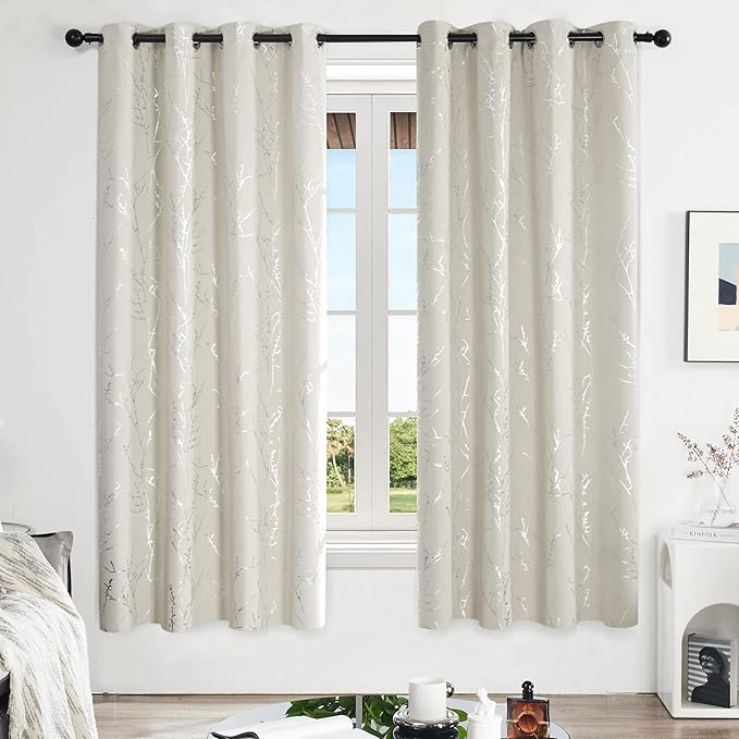 Deconovo Living Room Curtains, Room Darkening Curtain, Thermal Insulated Soundproof Drapes, Silver Branch Print, 52 x 72 Inch Long, Machine Washable Window Panels for Bedroom Office Nursery, Set of 2