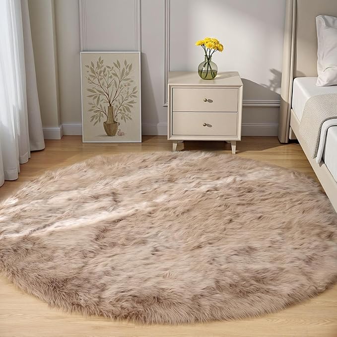 Goolela Circle Sheepskin Rug 5ft Round Fluffy Fuzzy Furry Carpet for Bedroom Living Room Shaggy Washable Soft - Light Brown Beige