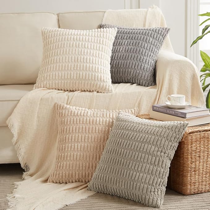 Fancy Homi 4 Packs Boho Cream Decorative Throw Pillow Covers 24x24 Inch for Living Room Couch Bed Sofa, Rustic Modern Farmhouse Home Decor, Soft Plush Corduroy Beige Cute Square Cushion Case 60x60 cm