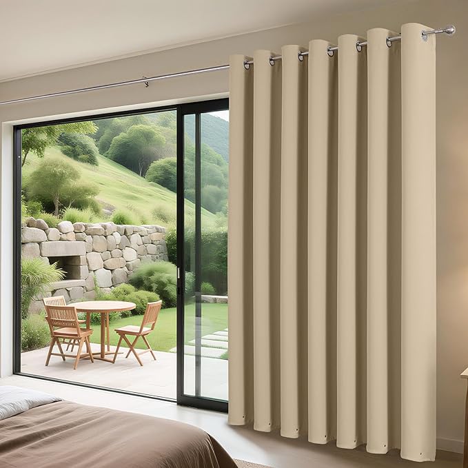 Joydeco Blackout Patio Sliding Door Curtains 96 Inches Long, Grommet Privacy Room Divider Curtains, Extra Wide Thermal Blackout Drapes for Bedroom Living Room (Light Beige, 80Wx96L, 1 Panel)