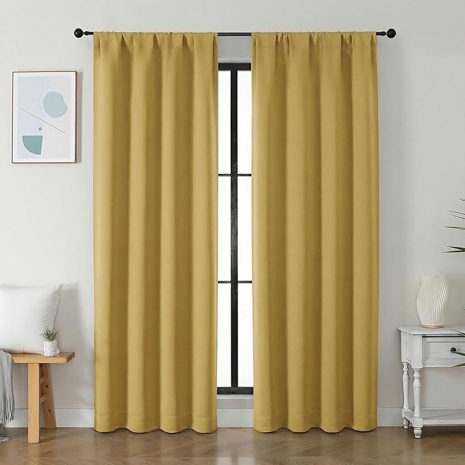 Simplebrand Ava Bright Gold Blackout Curtains for Bedroom 84 Inch Length 2 Panels Set, Solid Thermal Insulated Privacy Nursery Window Treatment Curtains Blackout Drapes, W40 x L84 Inch, Bright Gold